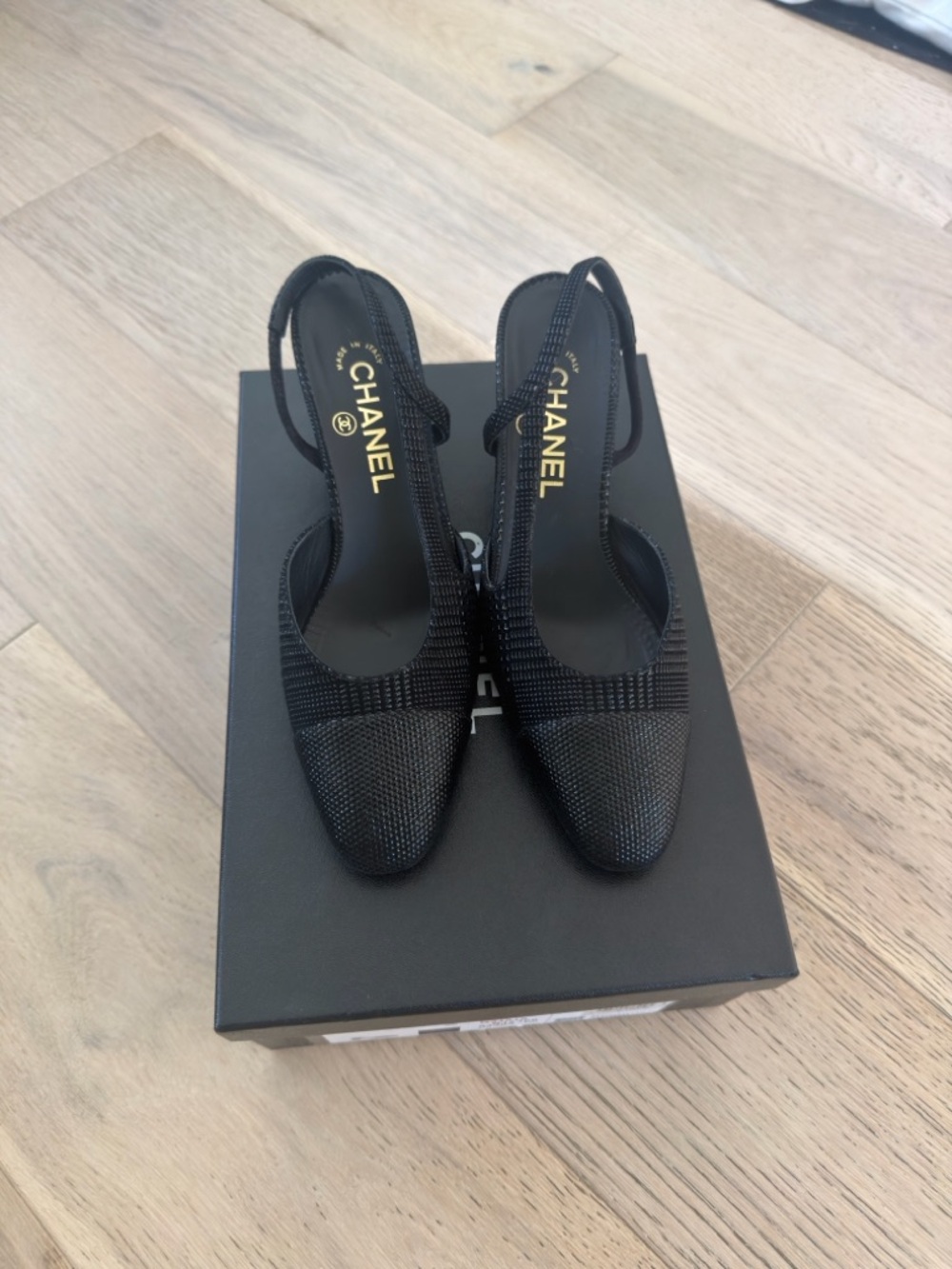 CHANEL Suede Kidskin Cap Toe CC Slingback Pumps 41 Black Gold